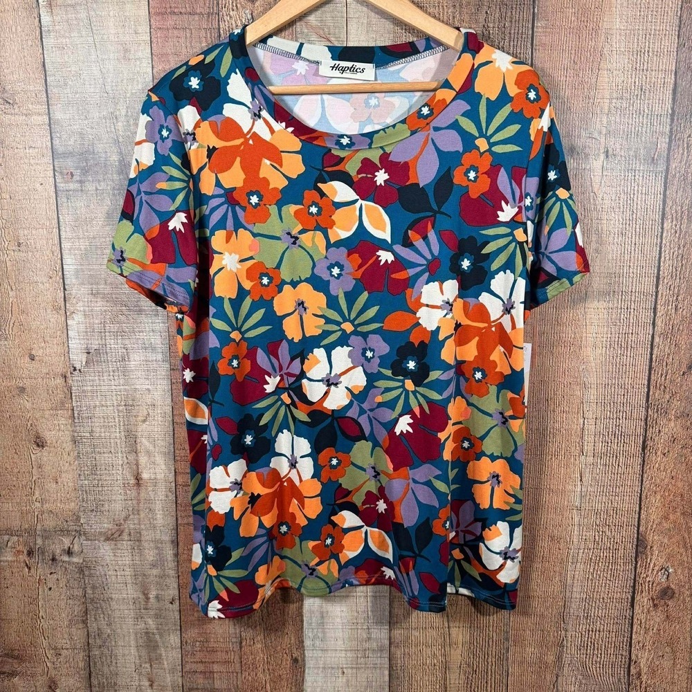 Haptics Floral Short Sleeve Top Blue Orange Soft Large Retro Casual Bright